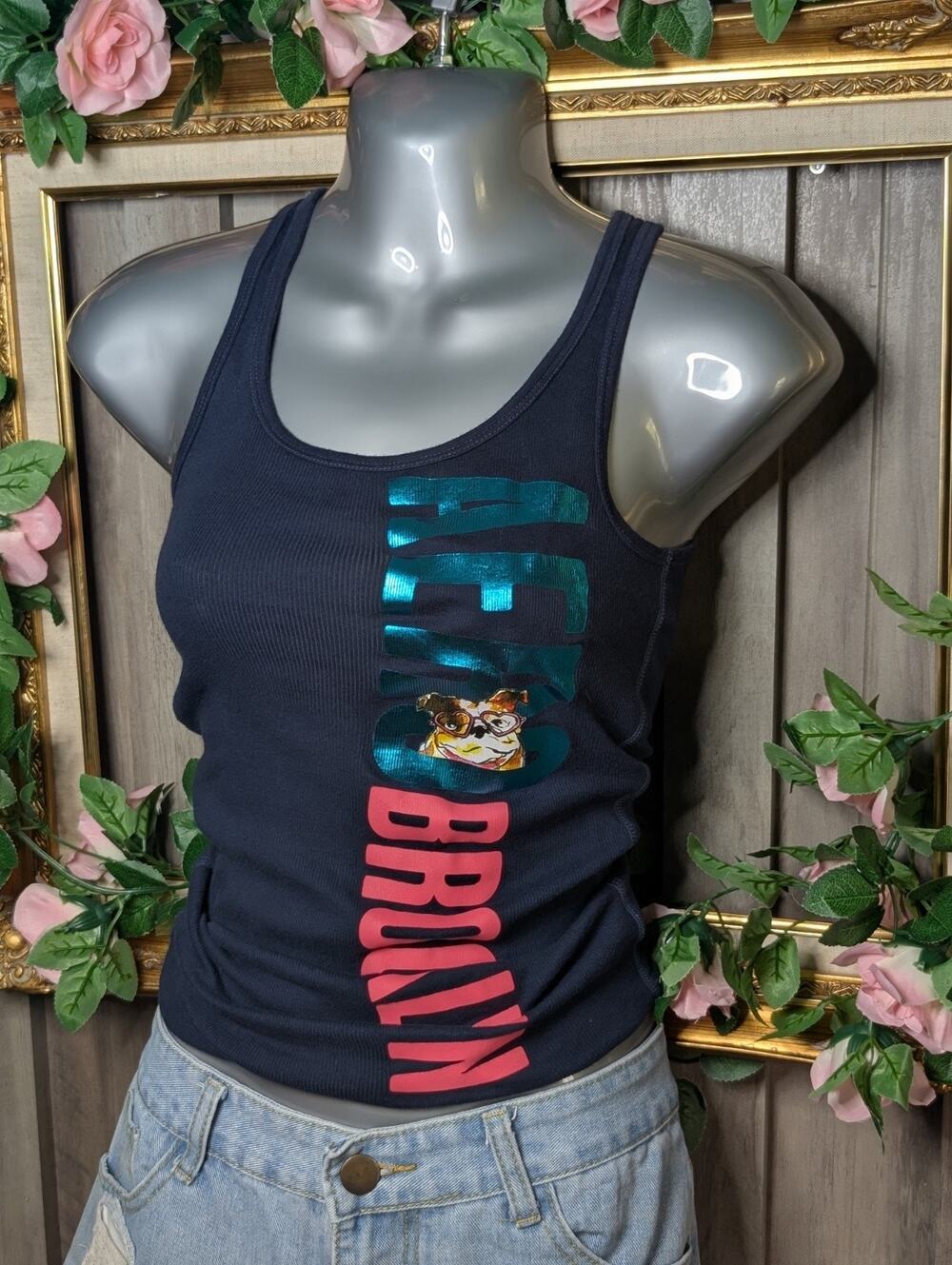 Aeropostale Aero Brooklyn Bulldog Graphic Tank Top Womens M Navy Y2K Ribbed